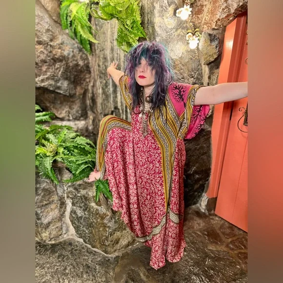 SALE! VINTAGE SARI Silk Dress OOAK Boho Witchy Cottagecore Retro Gown Maxi M - Picture 2 of 6